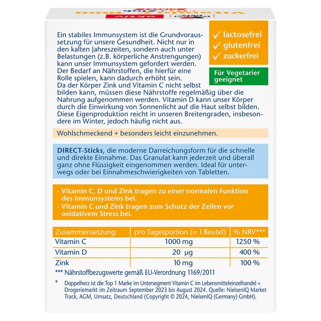 Doppelherz AKTIV vitamin C1000 + D3 + cink DIREKT 20 vrečic - slika 2