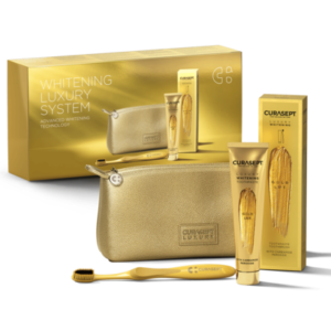 Set za beljenje zob CURASEPT GOLD LUX z zobno pasto 75 ml, zobno ščetko in toaletno torbico
